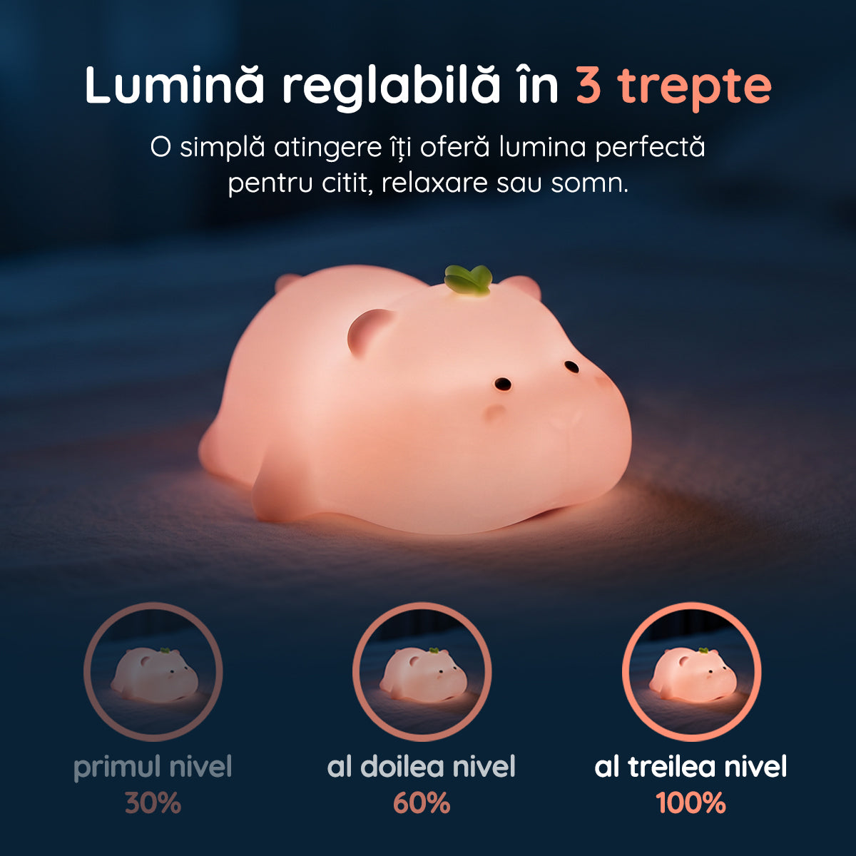 Lampă veghe hipopotam 3 trepte de intensitate lumină