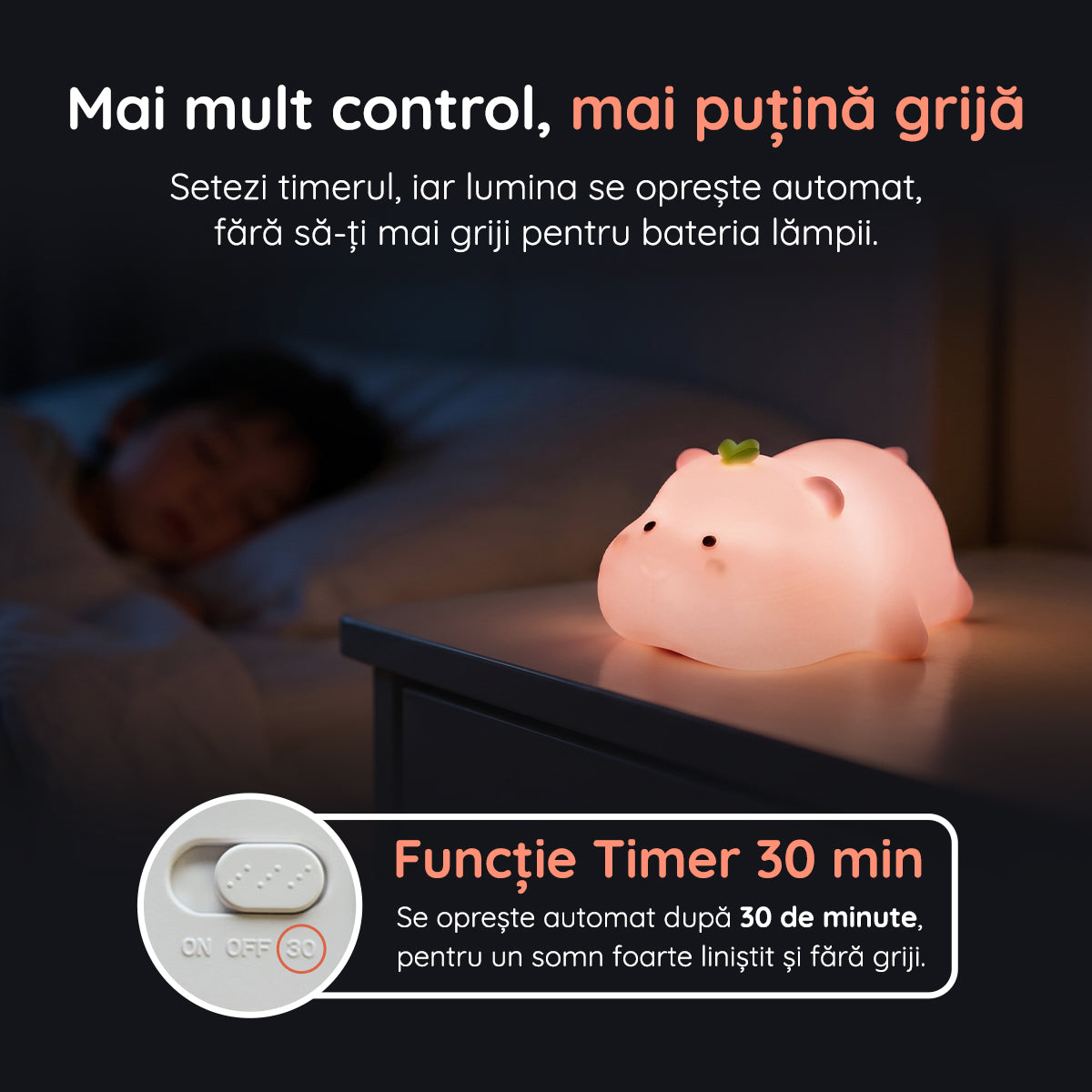 Lampă veghe hipopotam funcție timer 30 minute oprire automată