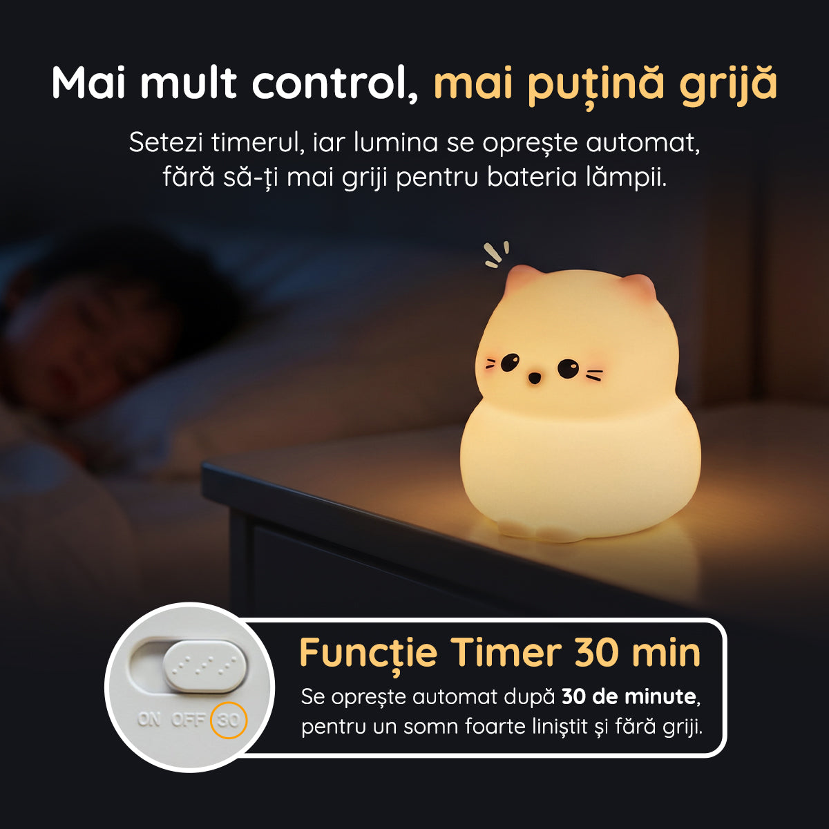 Lampă veghe pisică funcție timer 30 minute oprire automată