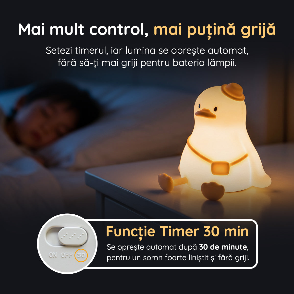 Lampă veghe Rața Mia funcție timer 30 minute oprire automată